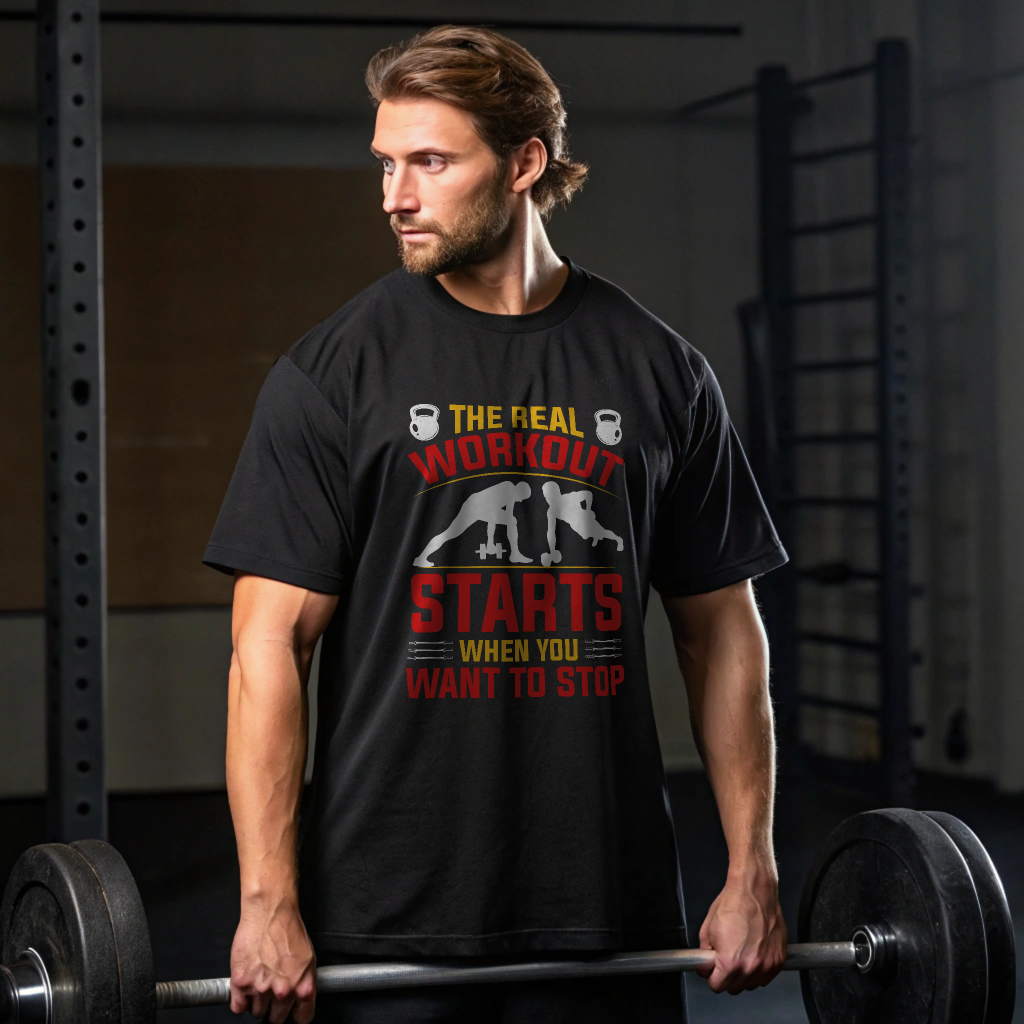 Men Oversized Heavyweight Gym Tee – “The Real Workout Starts When You Want to Stop”