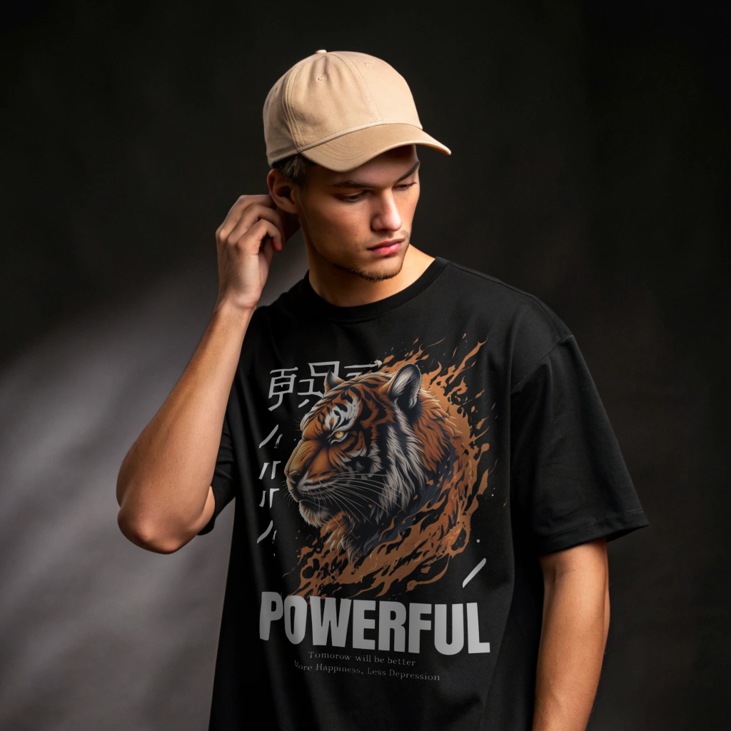 POWERFUL Tiger Graphic Oversized T-Shirt for Men – 100% Cotton | Heavyweight Streetwear Tee