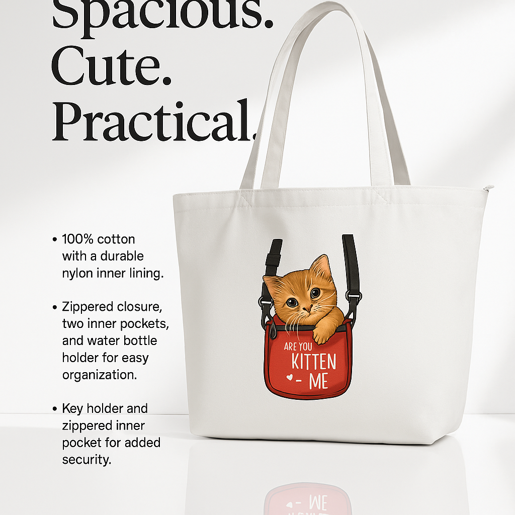"Are You Kitten Me" – Premium Cotton Canvas Tote Bag with Inner Organizer