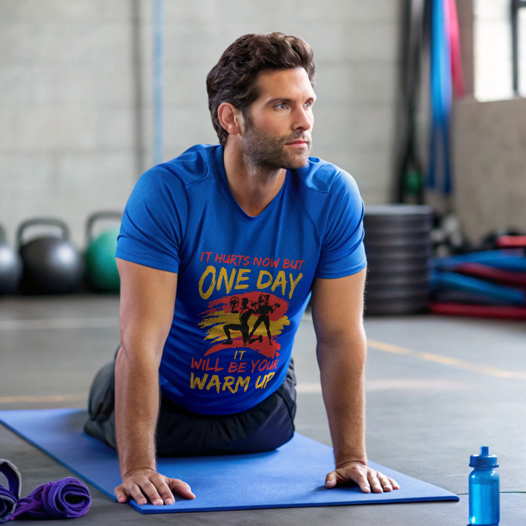 Men Gym Motivation T-Shirt – “It Hurts Now But One Day It Will Be Your Warm Up” | 100% Cotton | Lightweight Workout Tee