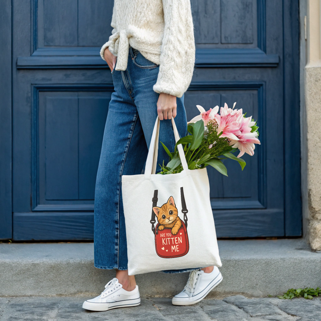 "Are You Kitten Me" – Premium Cotton Canvas Tote Bag with Inner Organizer