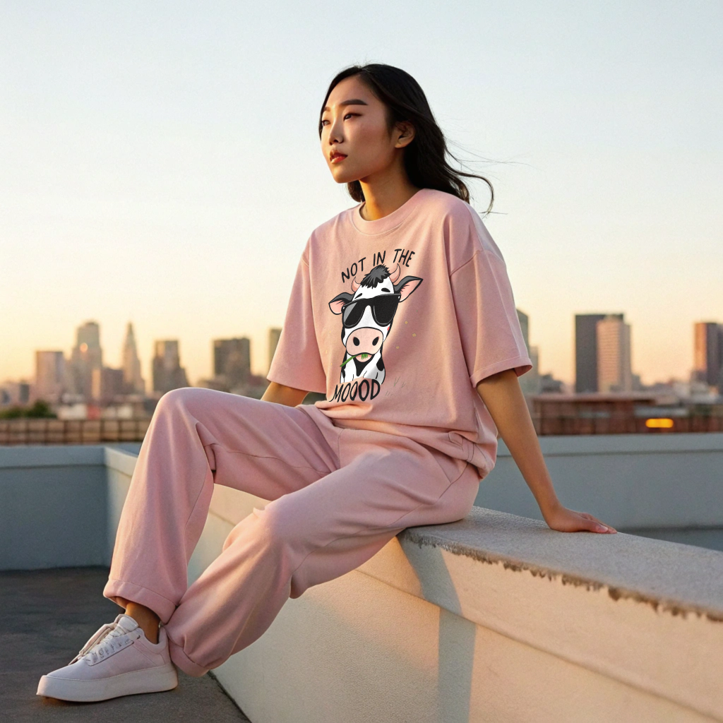 Oversized “Not in the Mooood” Cow Graphic Unisex Tee – 100% Cotton Heavyweight Slouch Fit