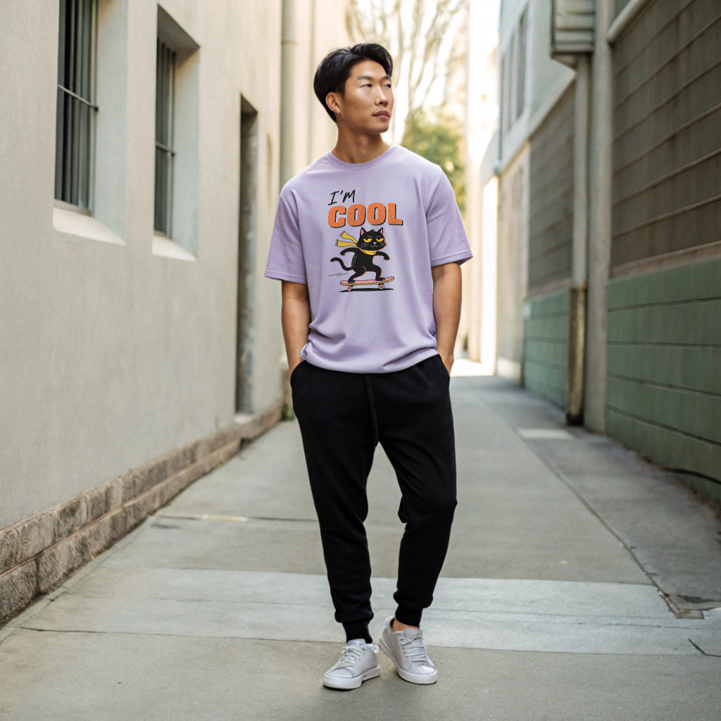 Oversized “I’m Cool” Skateboard Cat Graphic Unisex Tee – 100% Cotton Heavyweight Slouch Fit