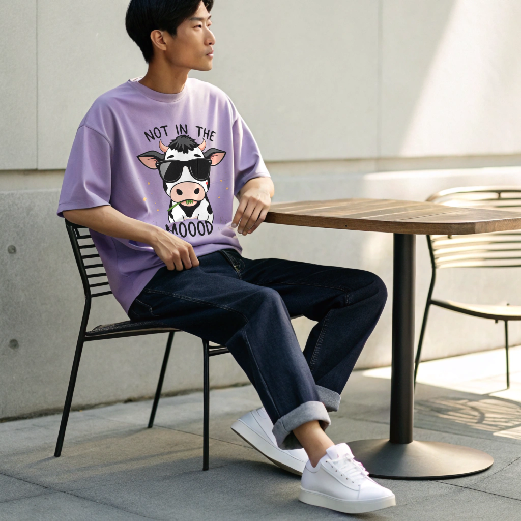 Oversized “Not in the Mooood” Cow Graphic Unisex Tee – 100% Cotton Heavyweight Slouch Fit