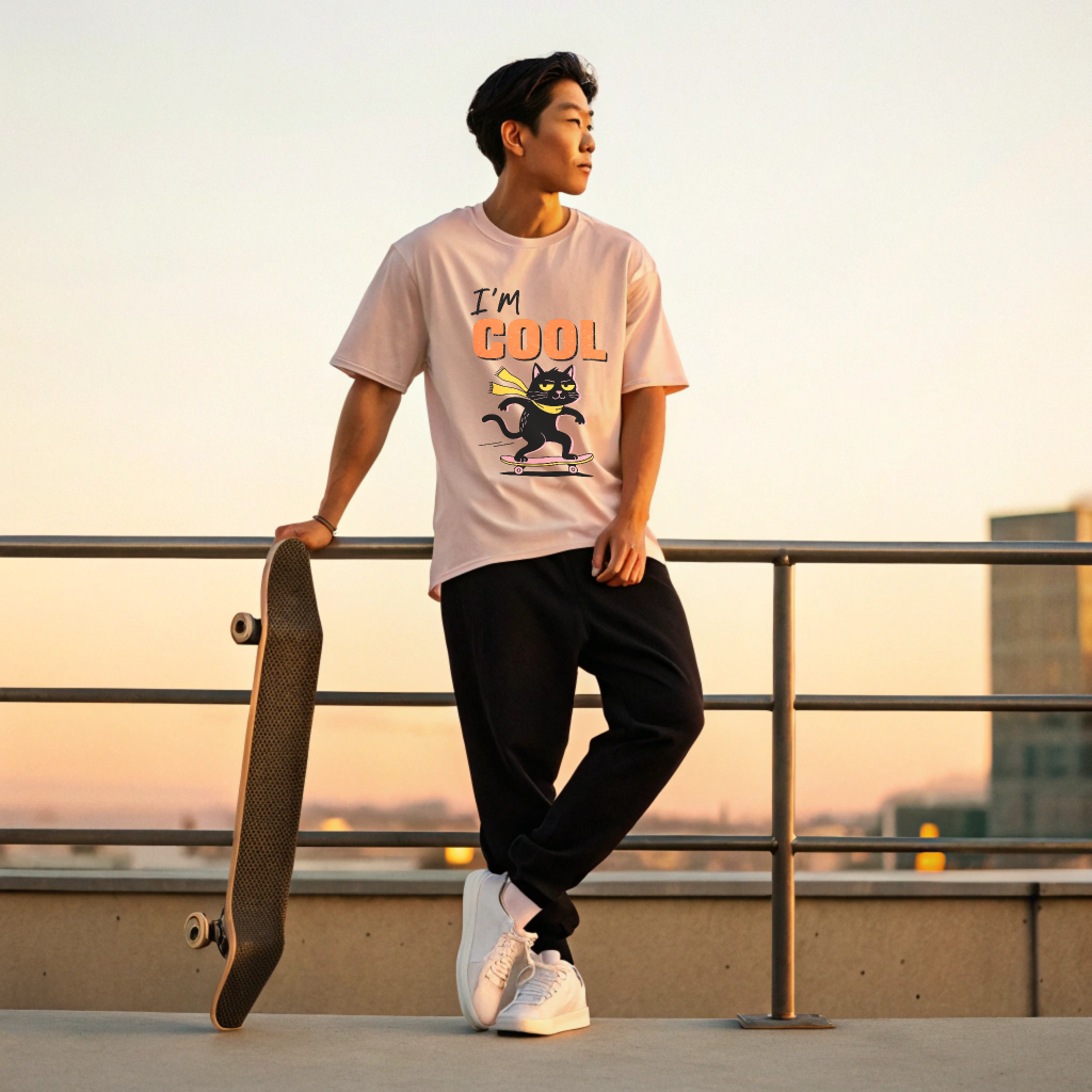 Oversized “I’m Cool” Skateboard Cat Graphic Unisex Tee – 100% Cotton Heavyweight Slouch Fit