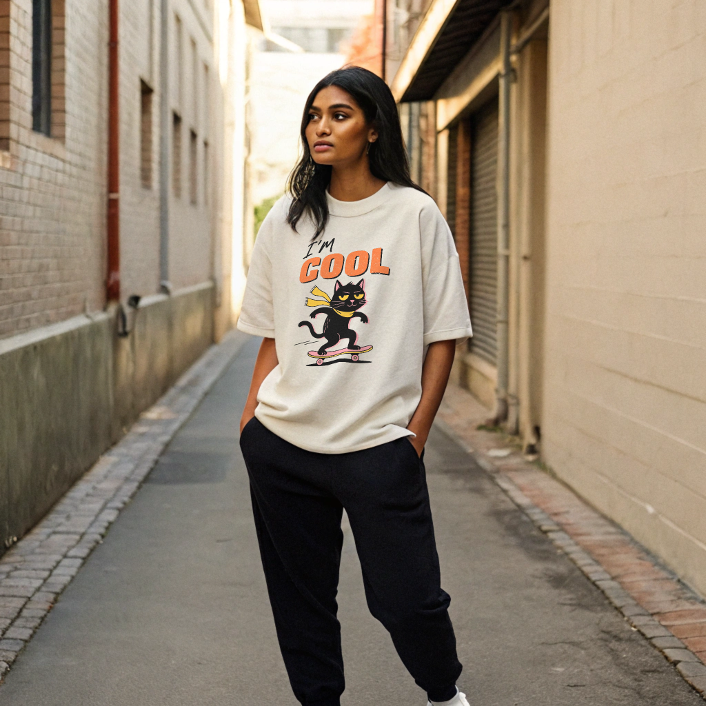 Oversized “I’m Cool” Skateboard Cat Graphic Unisex Tee – 100% Cotton Heavyweight Slouch Fit
