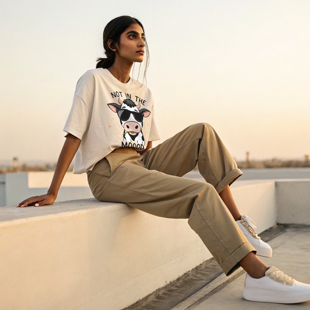 Oversized “Not in the Mooood” Cow Graphic Unisex Tee – 100% Cotton Heavyweight Slouch Fit