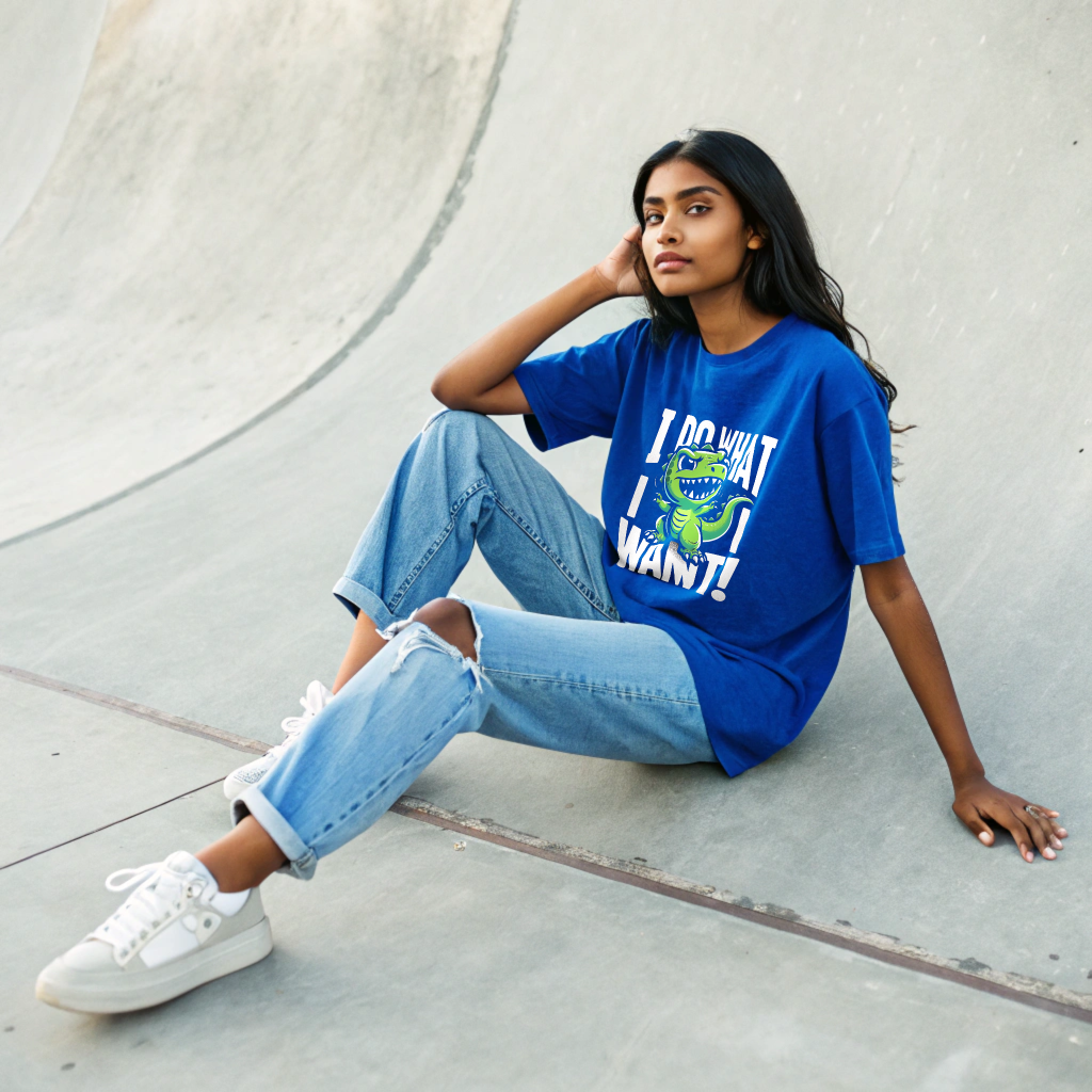 Oversized “I Do What I Want!” Dinosaur Graphic Unisex Tee – 100% Cotton, Heavyweight Slouch Fit