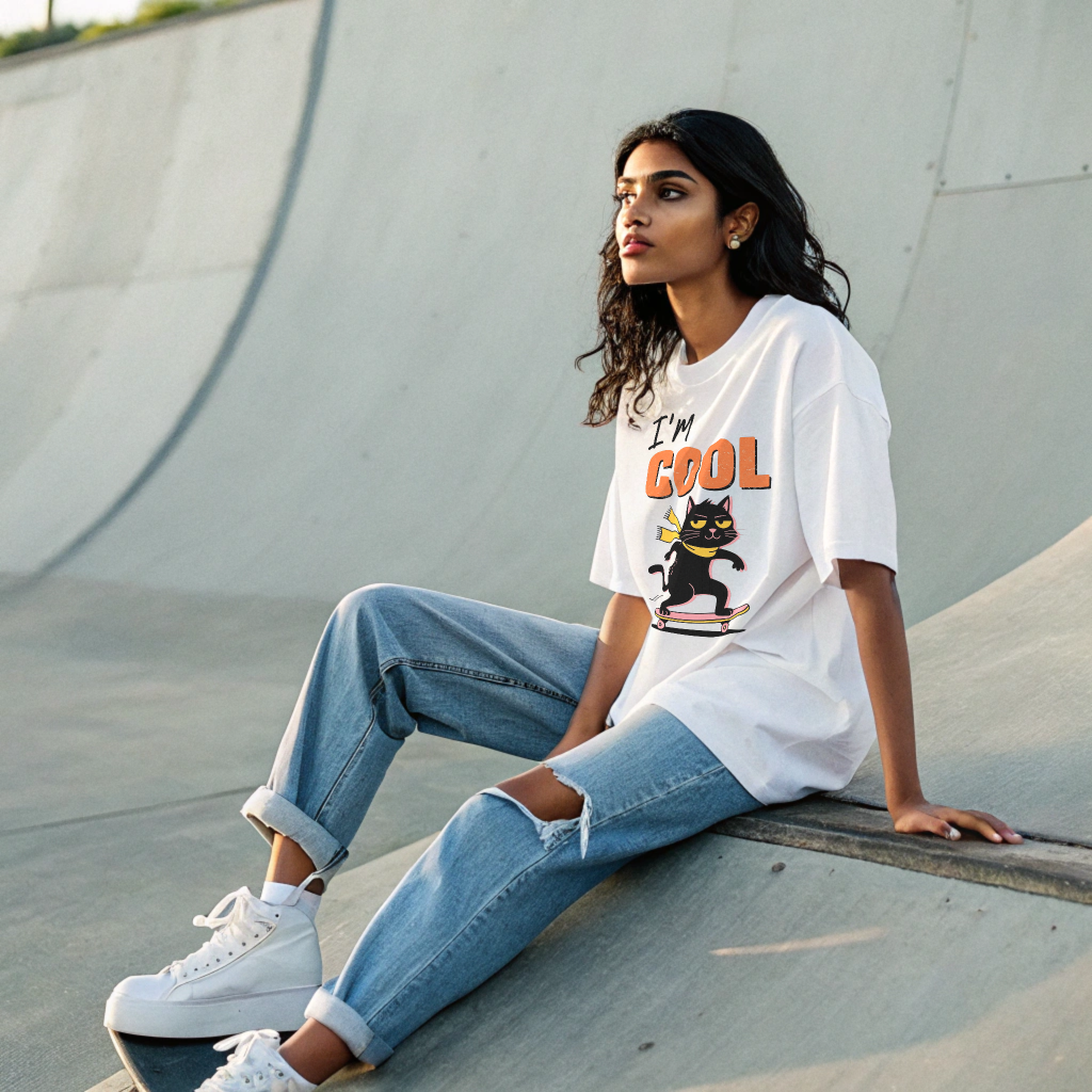 Oversized “I’m Cool” Skateboard Cat Graphic Unisex Tee – 100% Cotton Heavyweight Slouch Fit