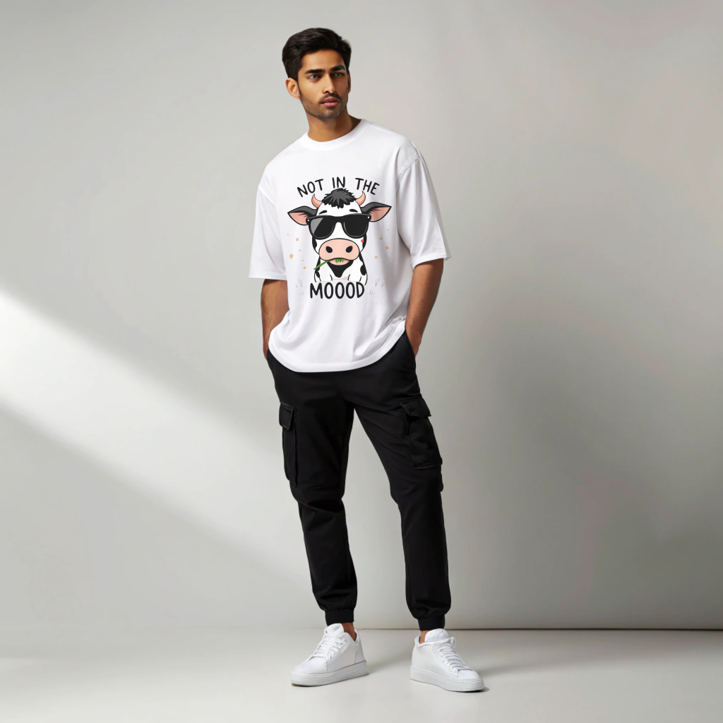 Oversized “Not in the Mooood” Cow Graphic Unisex Tee – 100% Cotton Heavyweight Slouch Fit
