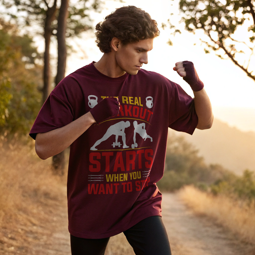 Men Oversized Heavyweight Gym Tee – “The Real Workout Starts When You Want to Stop”