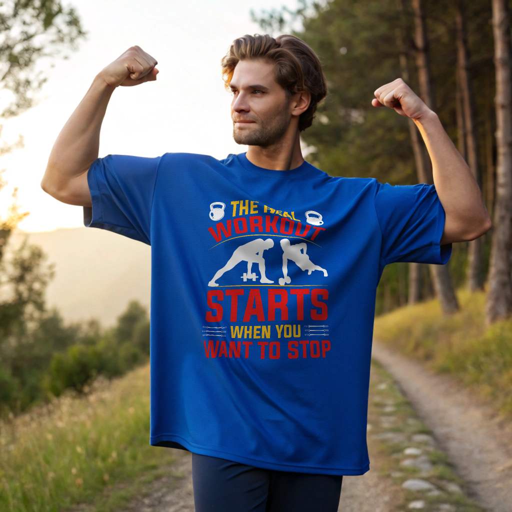 Men Oversized Heavyweight Gym Tee – “The Real Workout Starts When You Want to Stop”