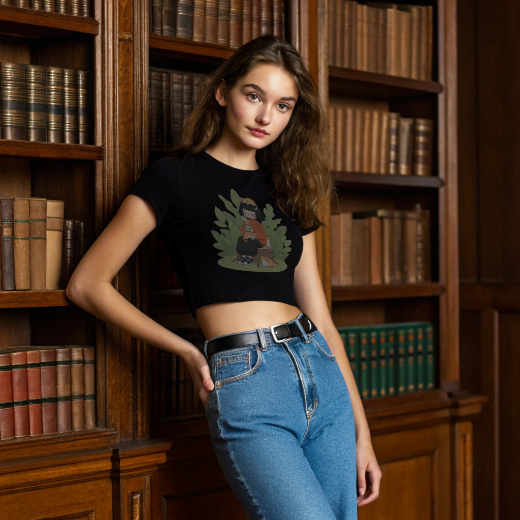 Cute Cat Girl Graphic Cotton Crop Top – Breathable 100% Combed Cotton, Pre‑Shrunk, Flattering Half‑Sleeve Fit