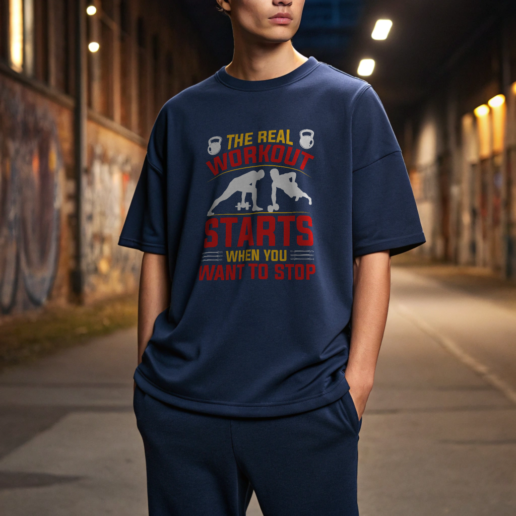 Men Oversized Heavyweight Gym Tee – “The Real Workout Starts When You Want to Stop”