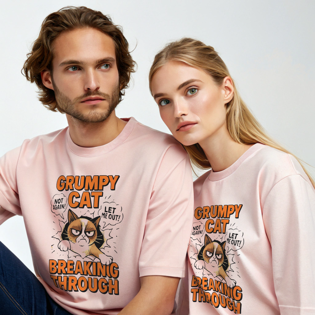 Grumpy Cat Oversized T-Shirt – Breaking Through Print | Unisex Streetwear | 100% Cotton