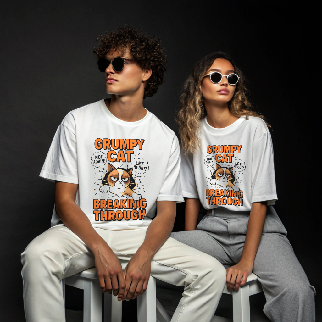 Grumpy Cat Oversized T-Shirt – Breaking Through Print | Unisex Streetwear | 100% Cotton