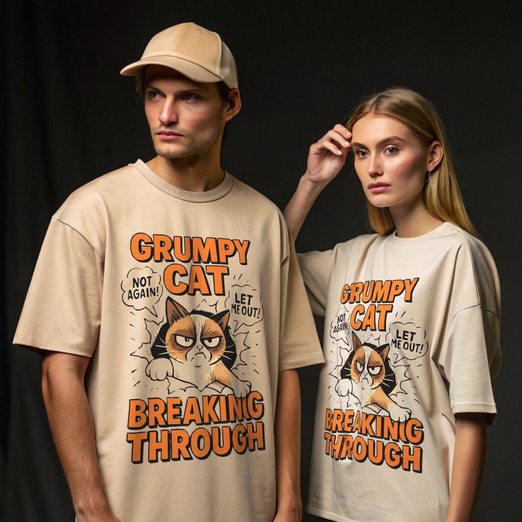 Grumpy Cat Oversized T-Shirt – Breaking Through Print | Unisex Streetwear | 100% Cotton