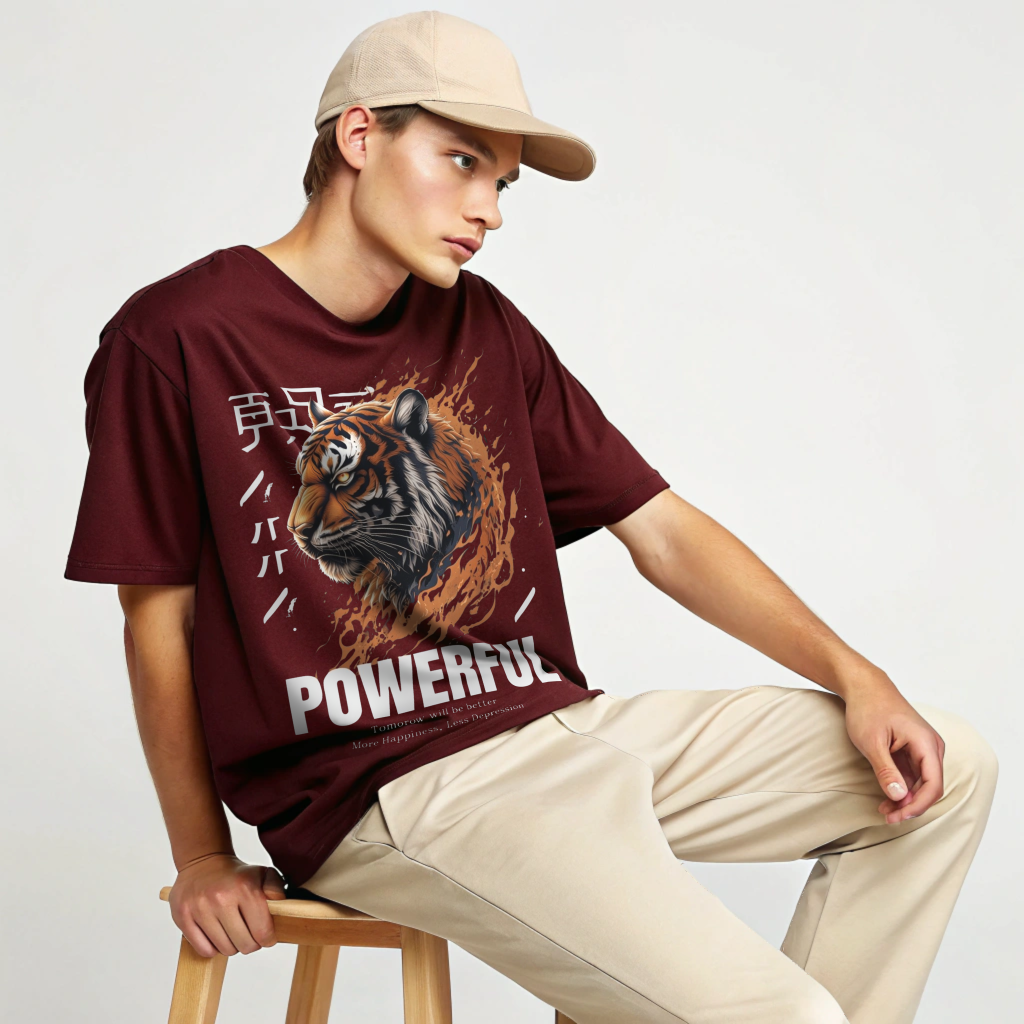 POWERFUL Tiger Graphic Oversized T-Shirt for Men – 100% Cotton | Heavyweight Streetwear Tee